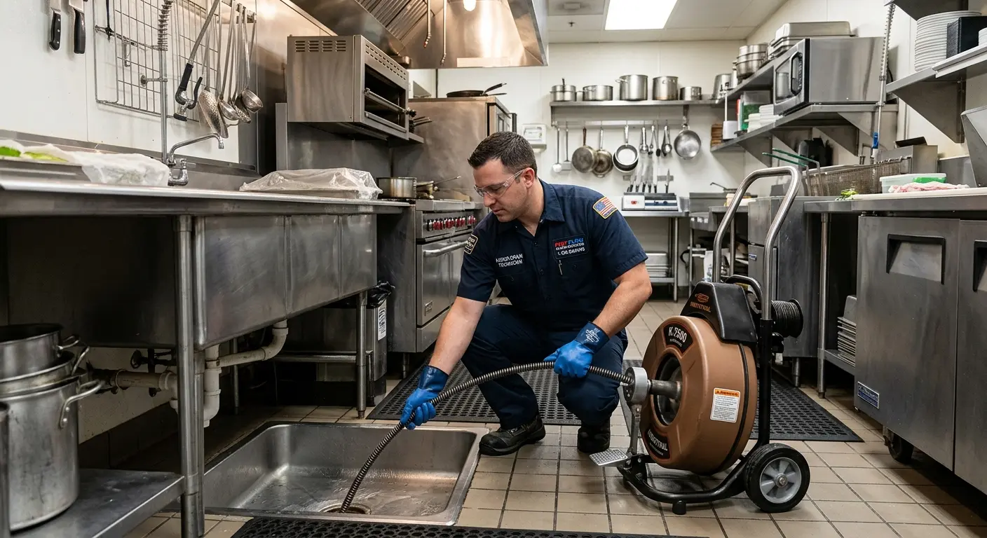 Commercial drain cleaning service in a restaurant kitchen in Wilton