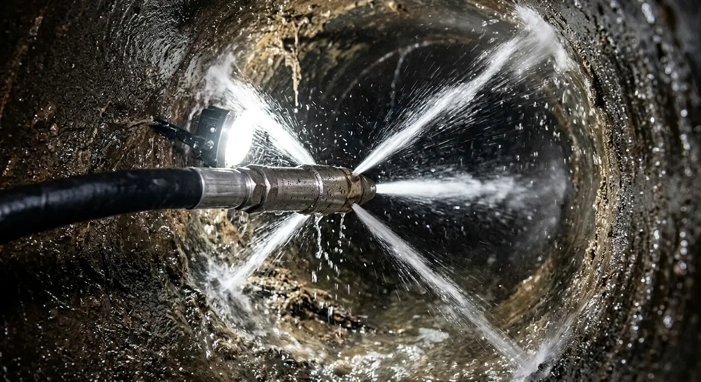 High-pressure hydro jetting nozzle cleaning sewer pipe for Storm Drain Cleaning in Wilton