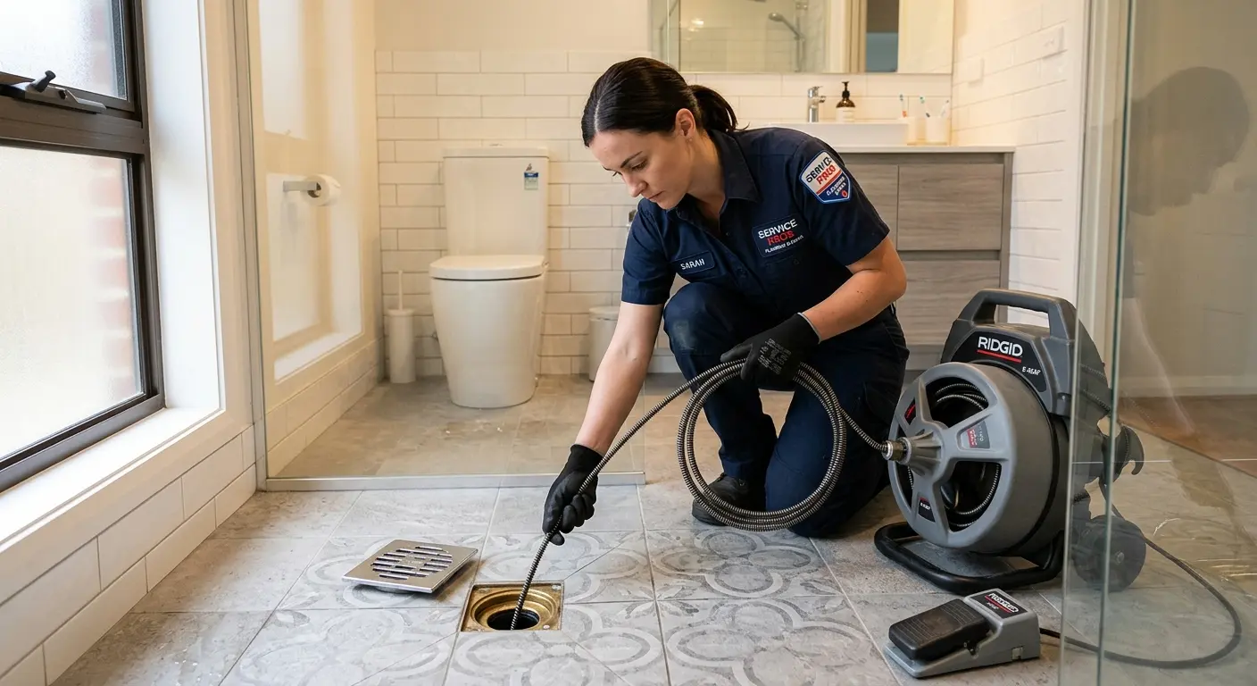 Technician clearing a bathroom floor drain for Drain Cleaning in Wilton